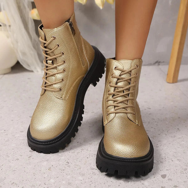 Lace Up Platform Boots Gold - Fashorio