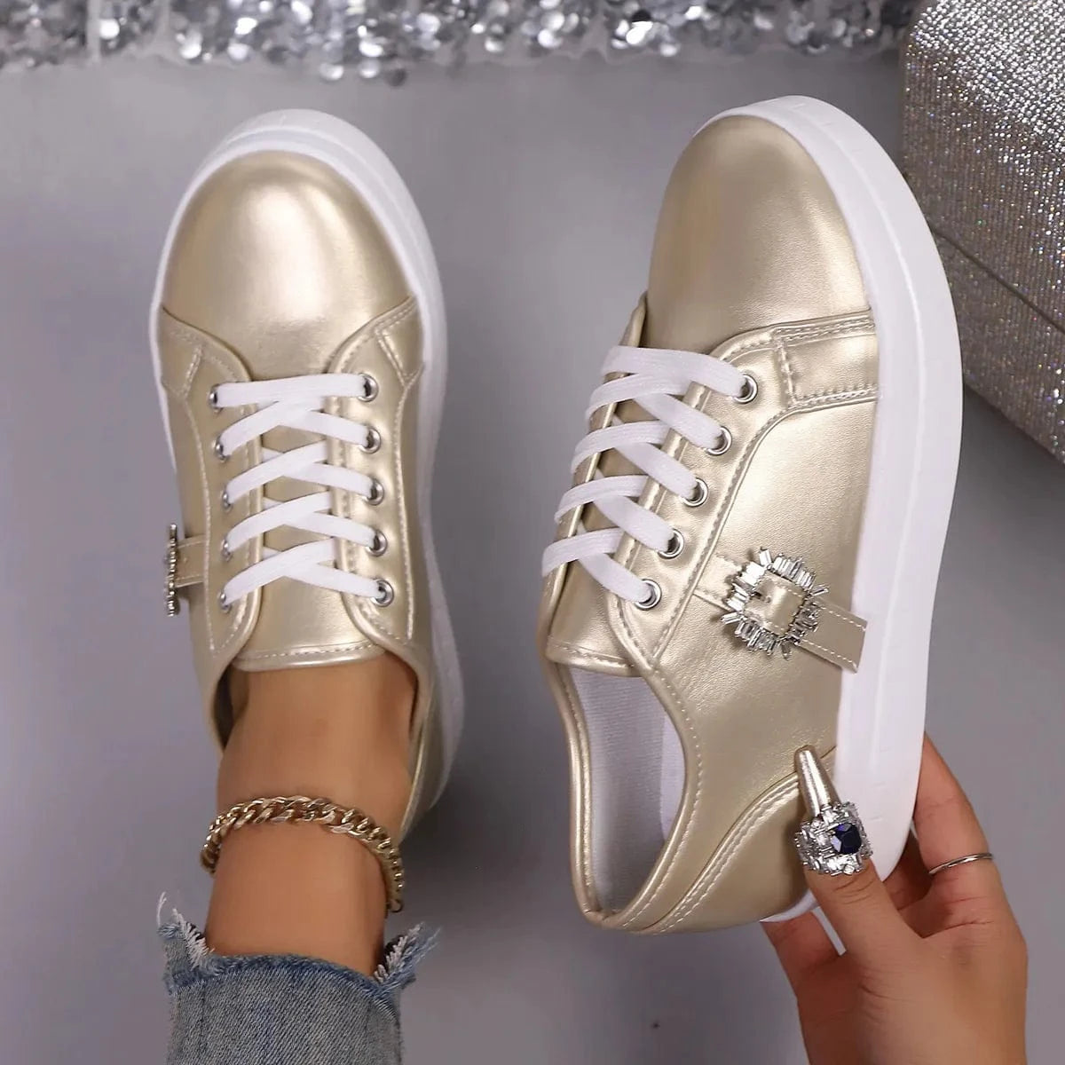 Rhinestone Embellishment Platform Sneakers Gold - Fashorio