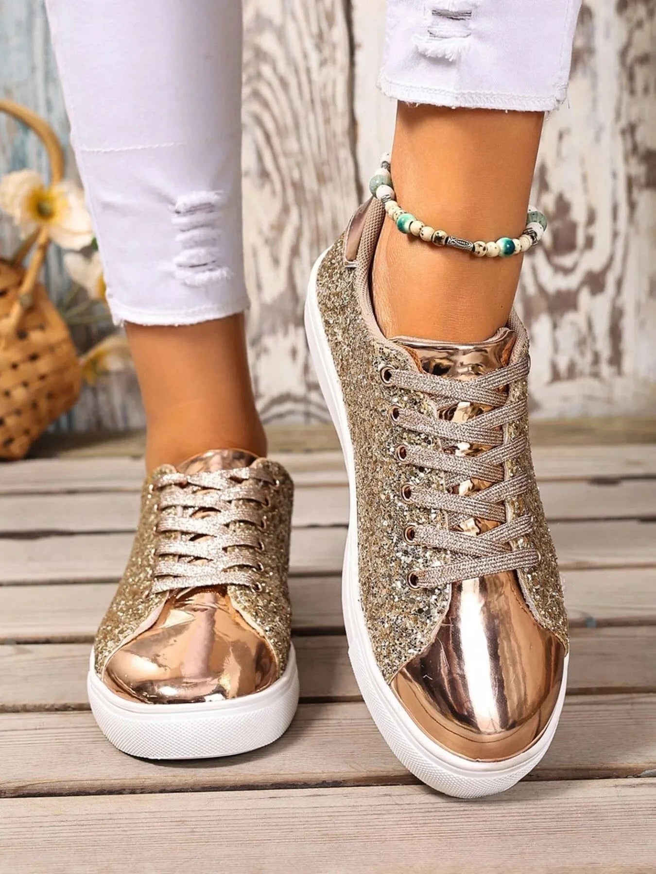 Sequin Lace Up Sneakers Gold - Fashorio