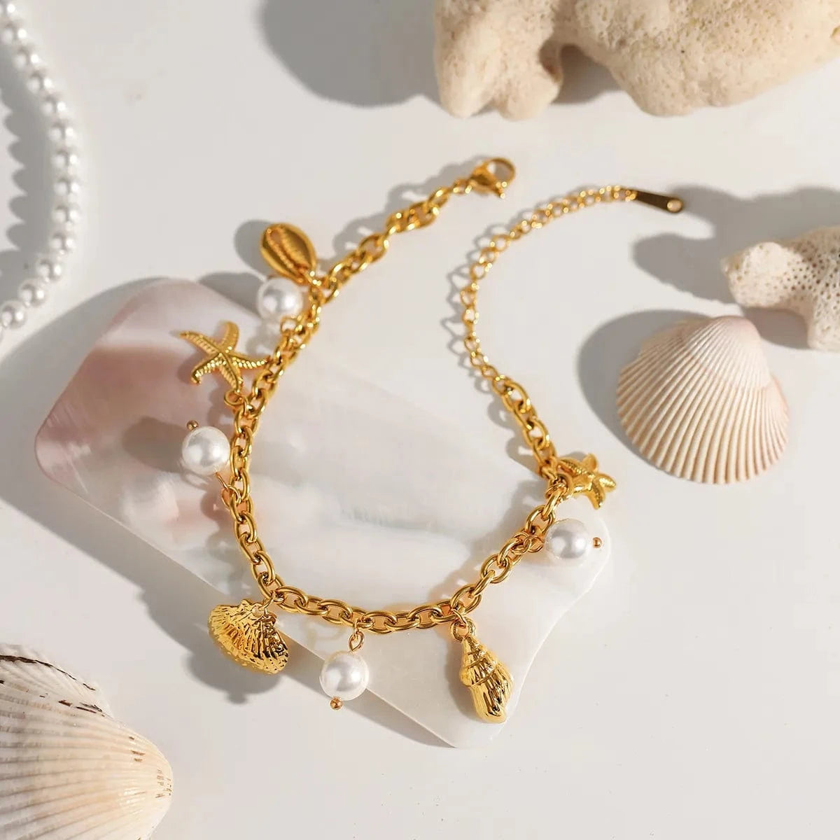 Ocean Theme Stainless Steel Chain Bracelet with Seashell and Starfish Pendants - Fashorio