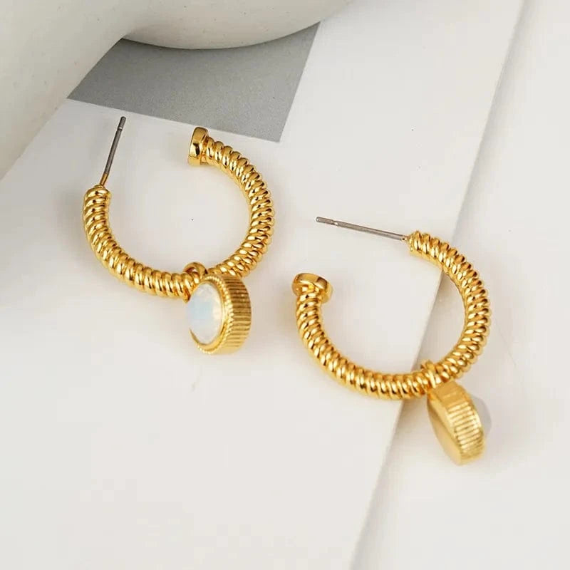 Rope Cat's Eye Stone C-Hoop Earrings - Fashorio