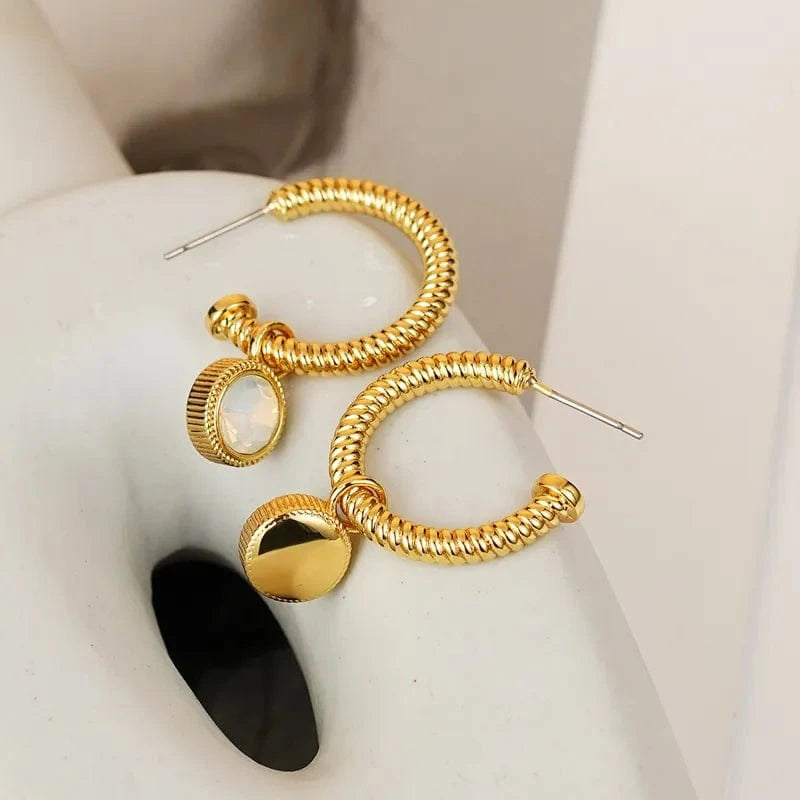 Rope Cat's Eye Stone C-Hoop Earrings - Fashorio