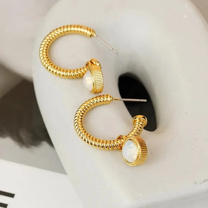 Rope Cat's Eye Stone C-Hoop Earrings - Fashorio