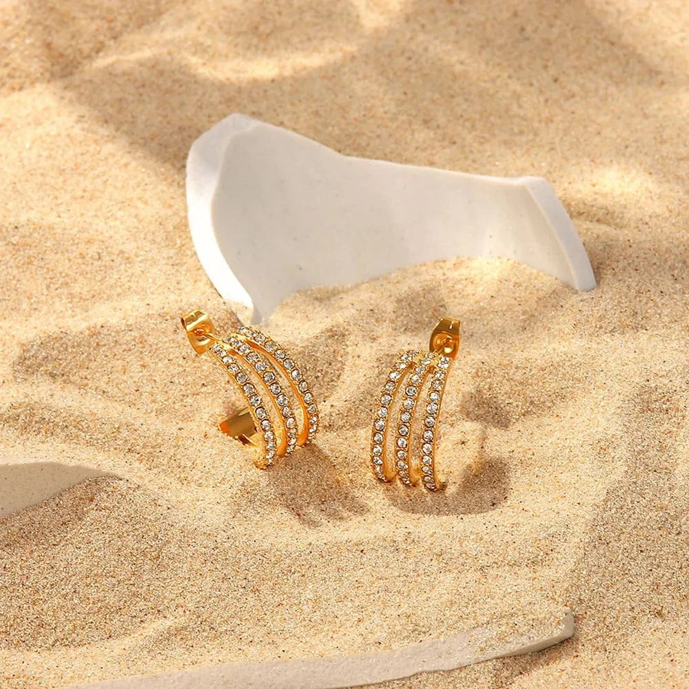 Stainless Steel Inlaid Zircon C-Hoop Earrings - Fashorio