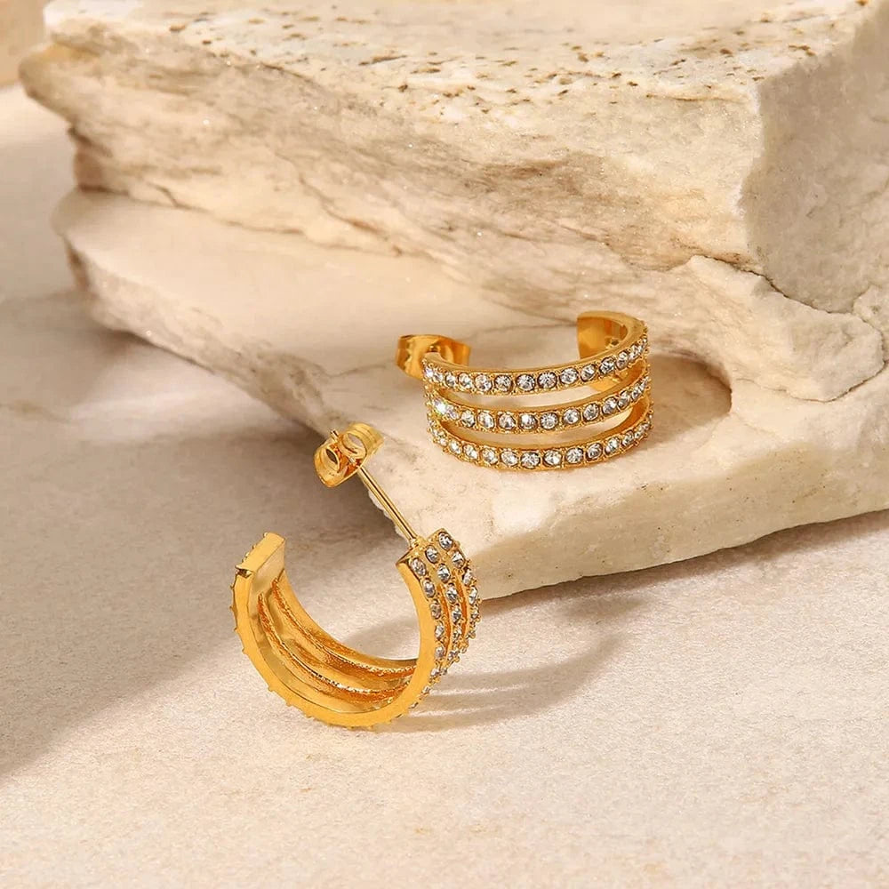 Stainless Steel Inlaid Zircon C-Hoop Earrings - Fashorio