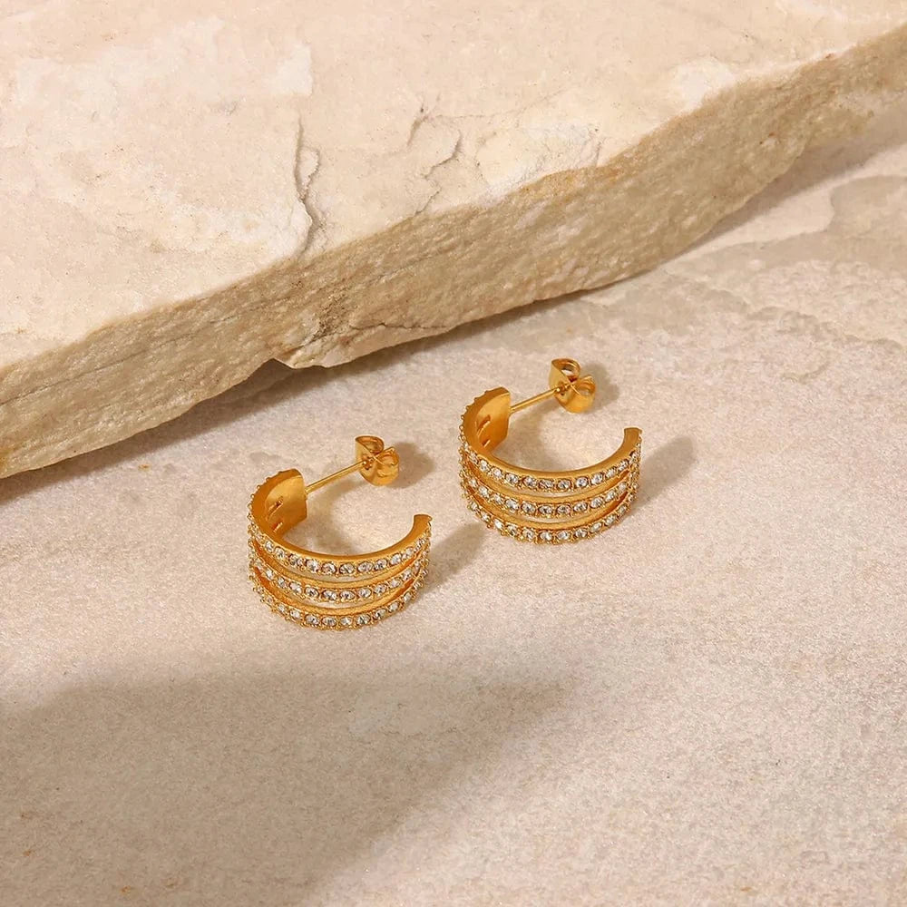 Stainless Steel Inlaid Zircon C-Hoop Earrings - Fashorio