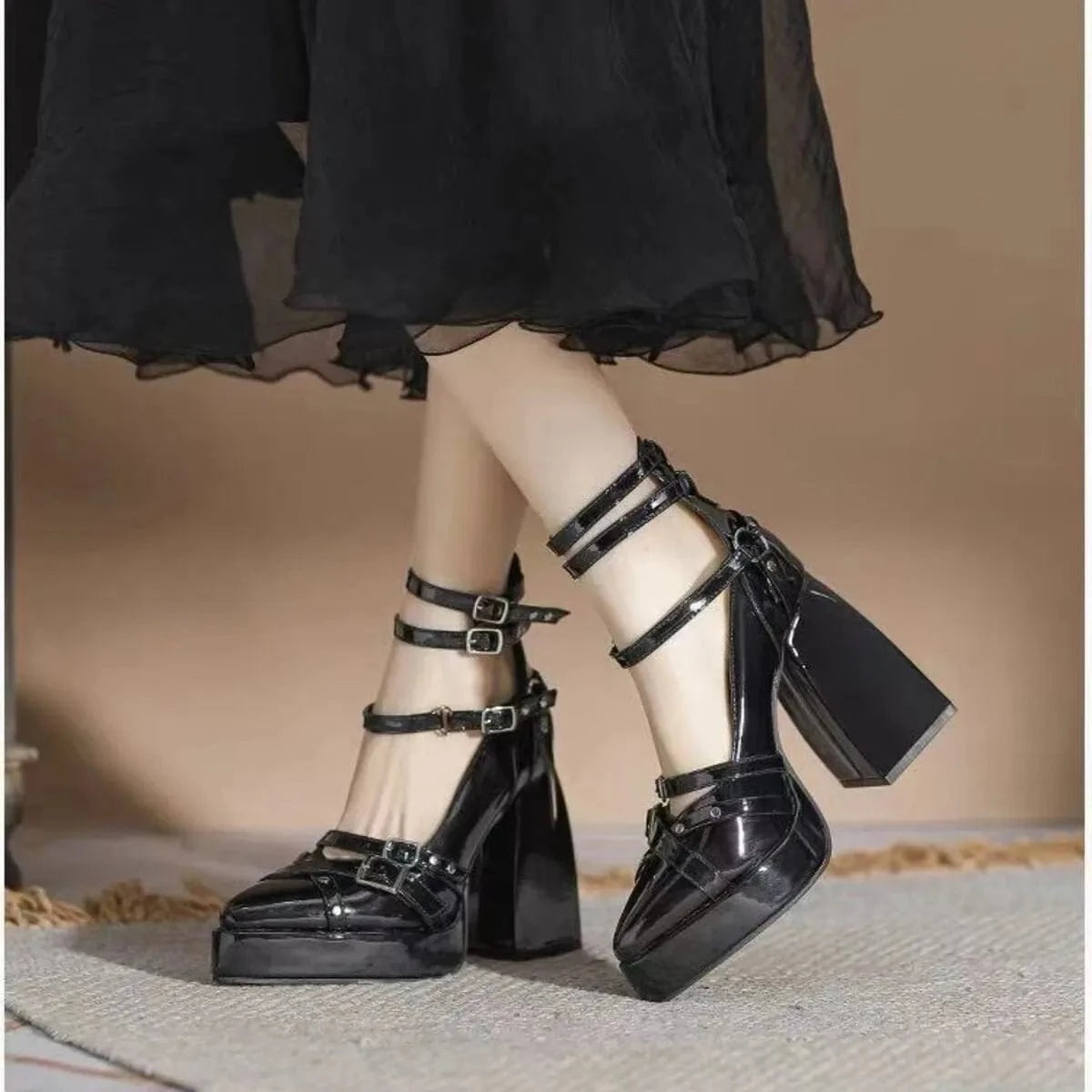Gothic Platform Pumps with Multiple Buckle Straps - Fashorio