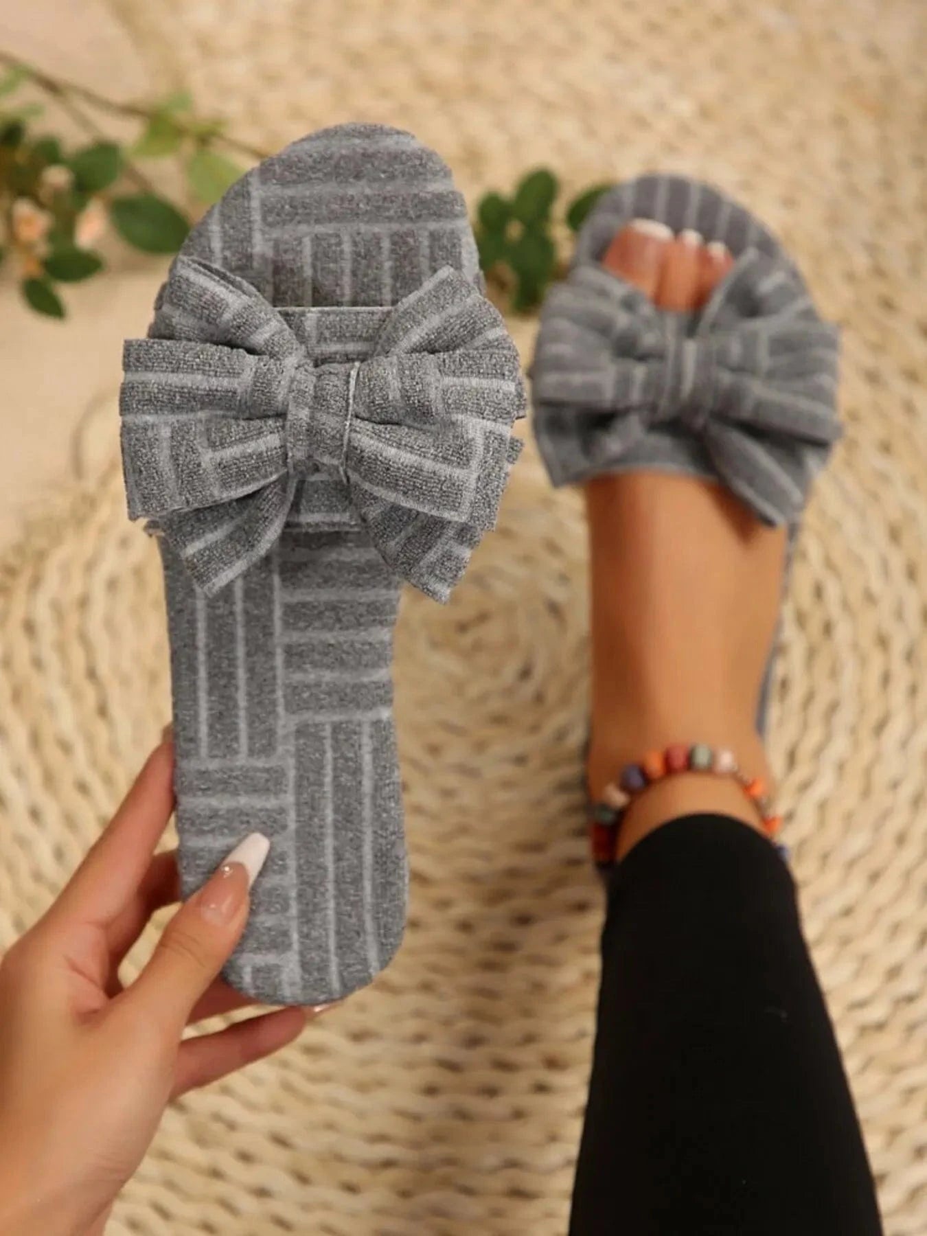 Bow Knot Open Toe Slippers Gray - Fashorio