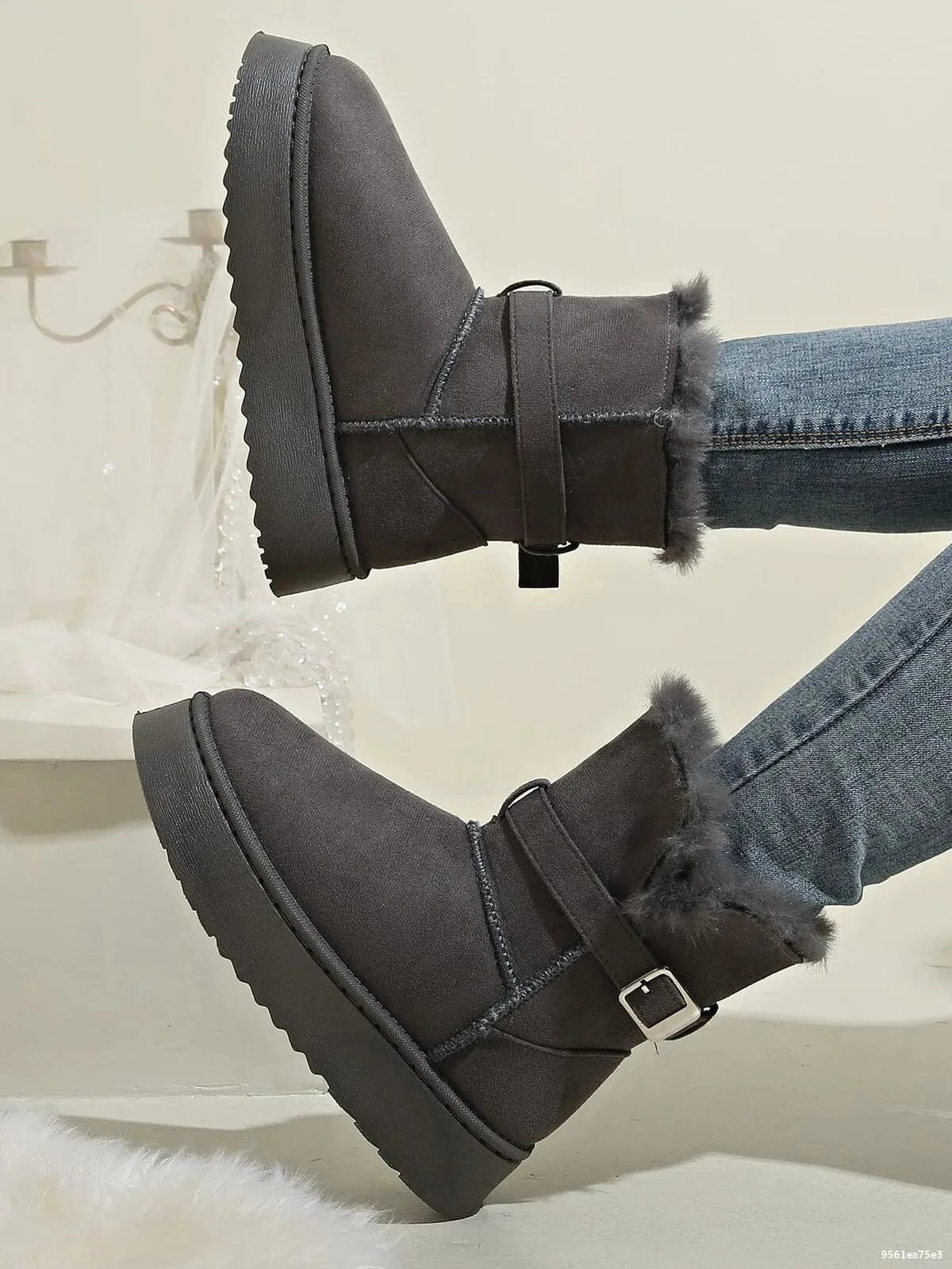 Fur Lining Ankle Boots with Buckle Strap Gray - Fashorio