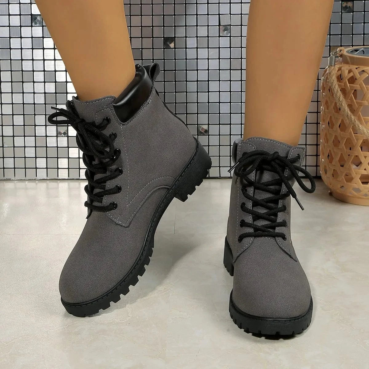 Lace Up Block Heel Boots Gray - Fashorio