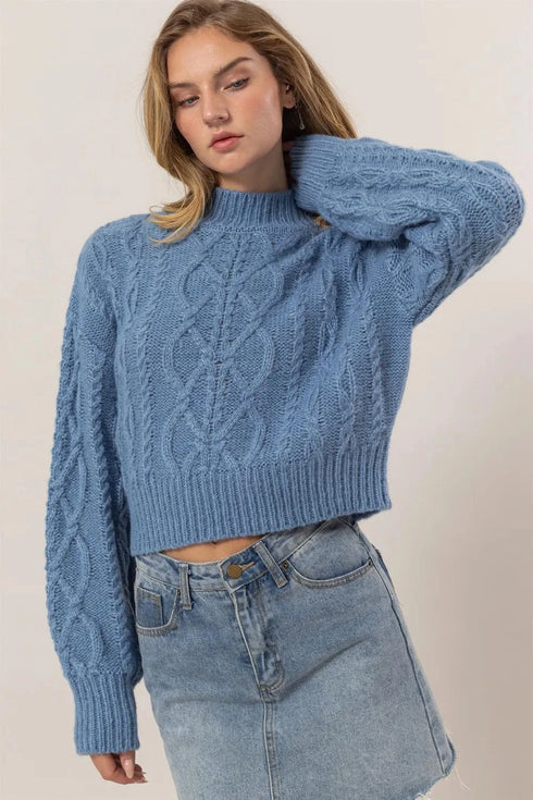 HYFVE Cable-Knit Mock Neck Dropped Shoulder Sweater Gray Blue - Fashorio