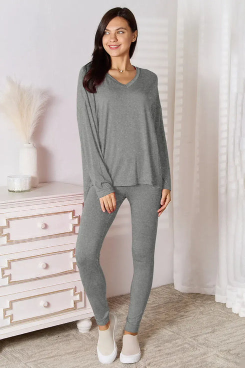 Fashorio Gray / S Basic Bae Bamboo Full Size V-Neck Long Sleeve Top and Pants Lounge Set