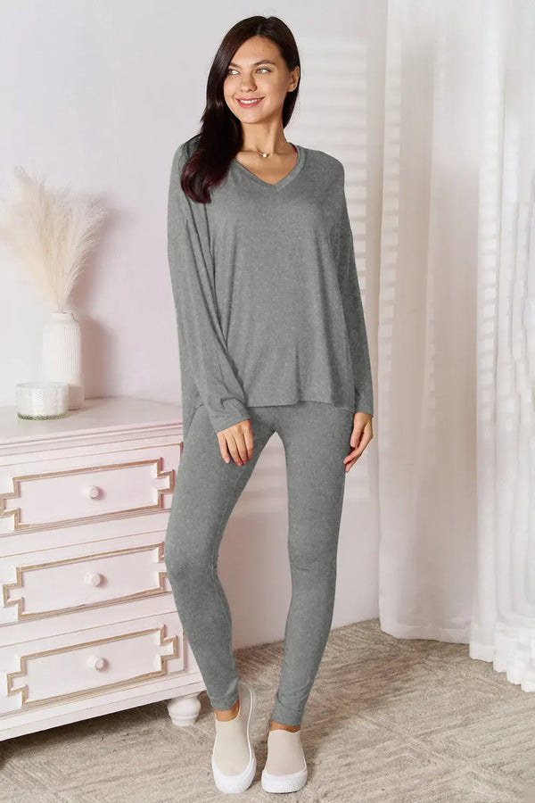 Fashorio Gray / S Basic Bae Bamboo Full Size V-Neck Long Sleeve Top and Pants Lounge Set
