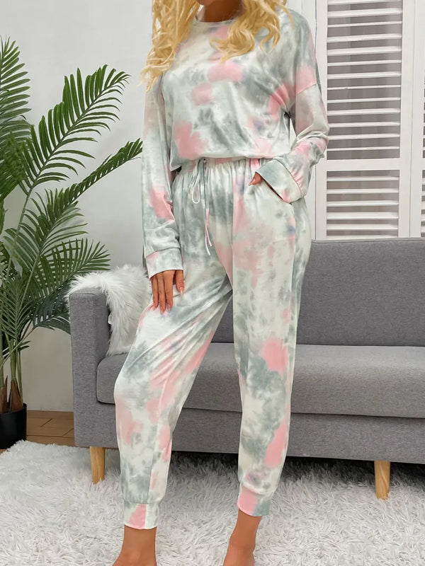 Fashorio Gray / XS Shiny Tie-Dye Round Neck Top and Drawstring Pants Lounge Set
