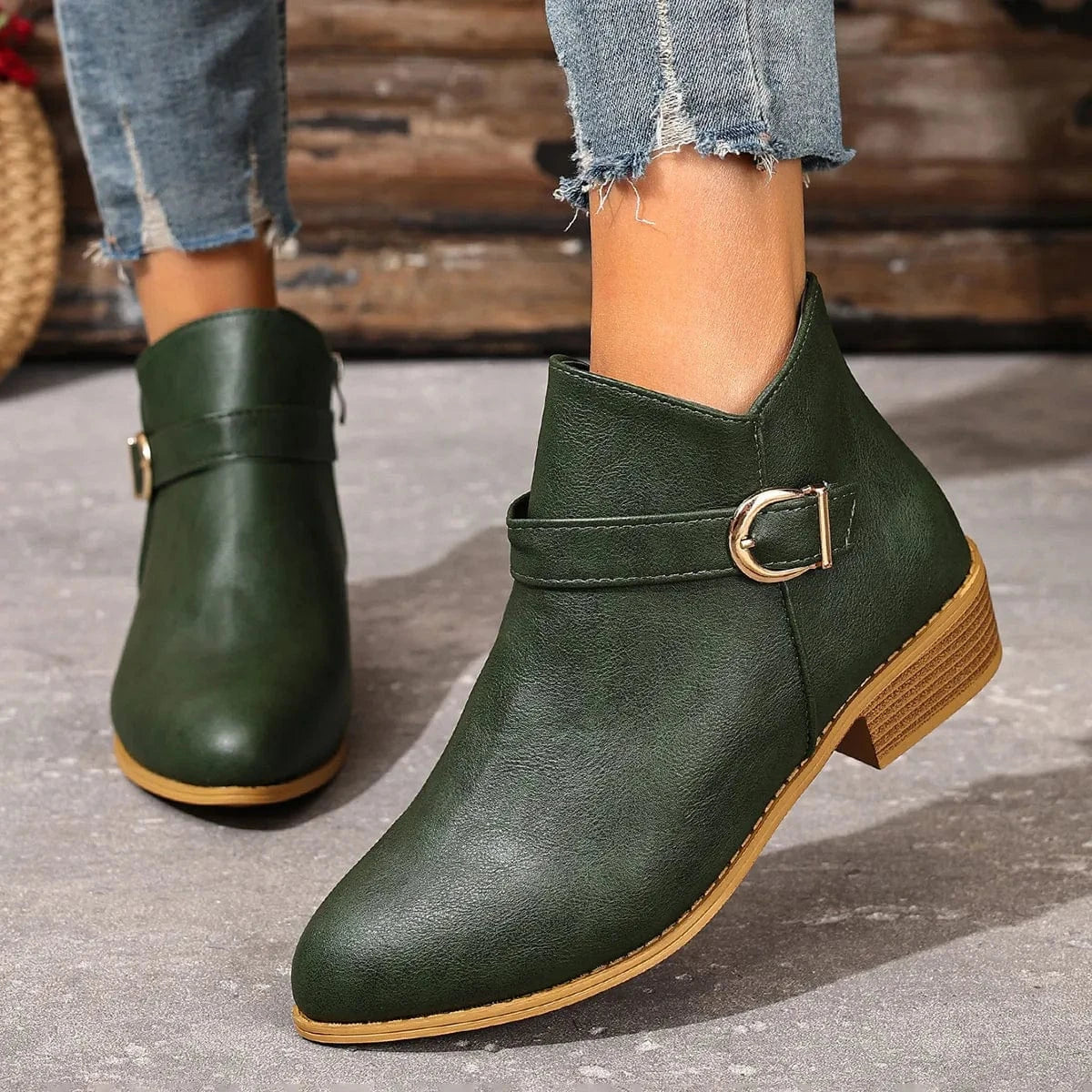 Point Toe Block Heels Boots Green - Fashorio