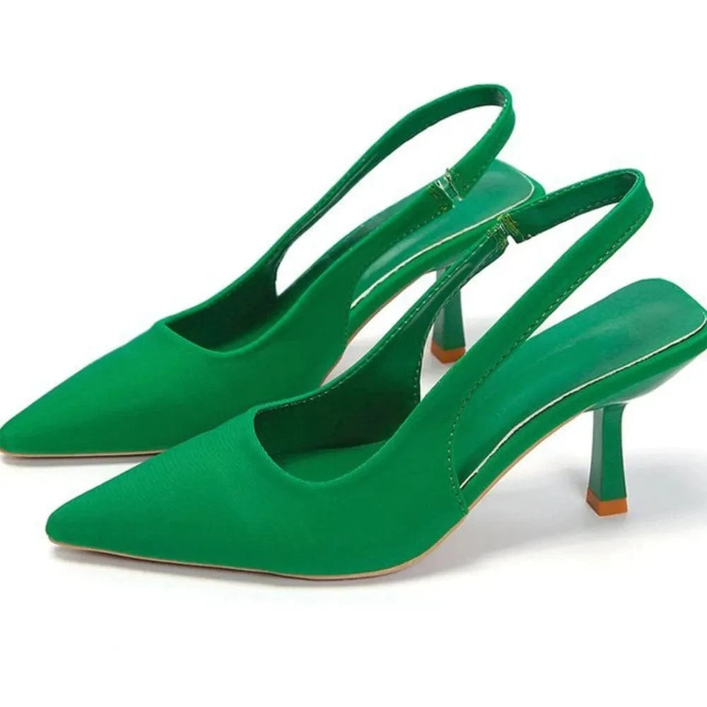 Point Toe Kitten Heel Slingback Pumps Green - Fashorio