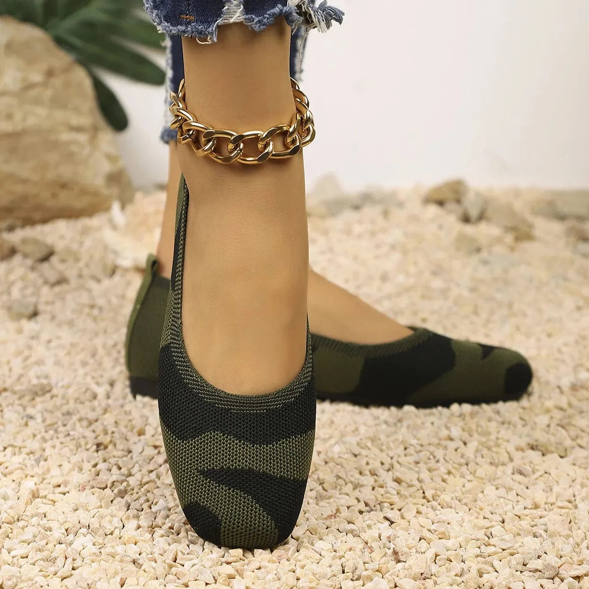 Camouflage Mesh Knit Flat Loafers Green - Fashorio