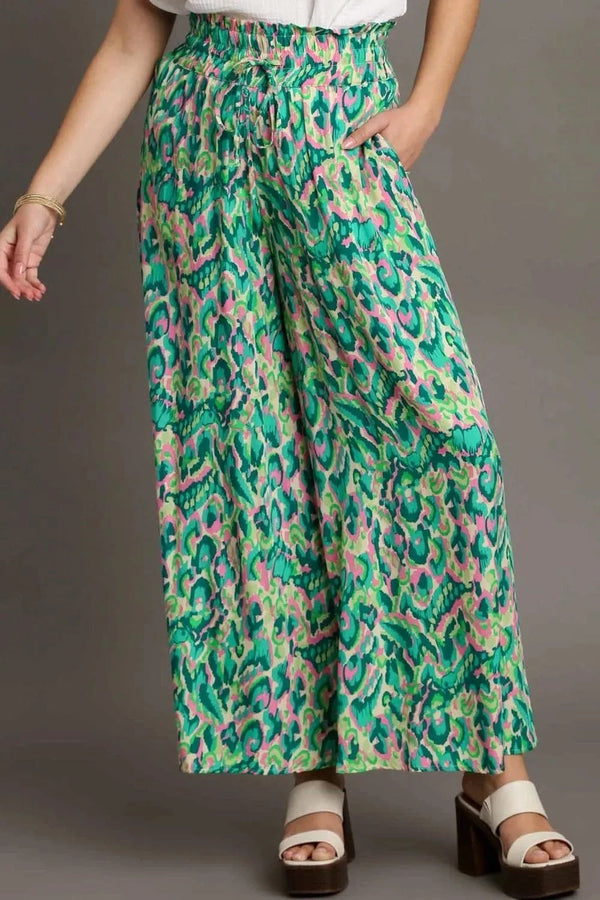Umgee Full Size Mixed Print High Waist Wide Leg Pants Plus Size GREEN MIX - Fashorio