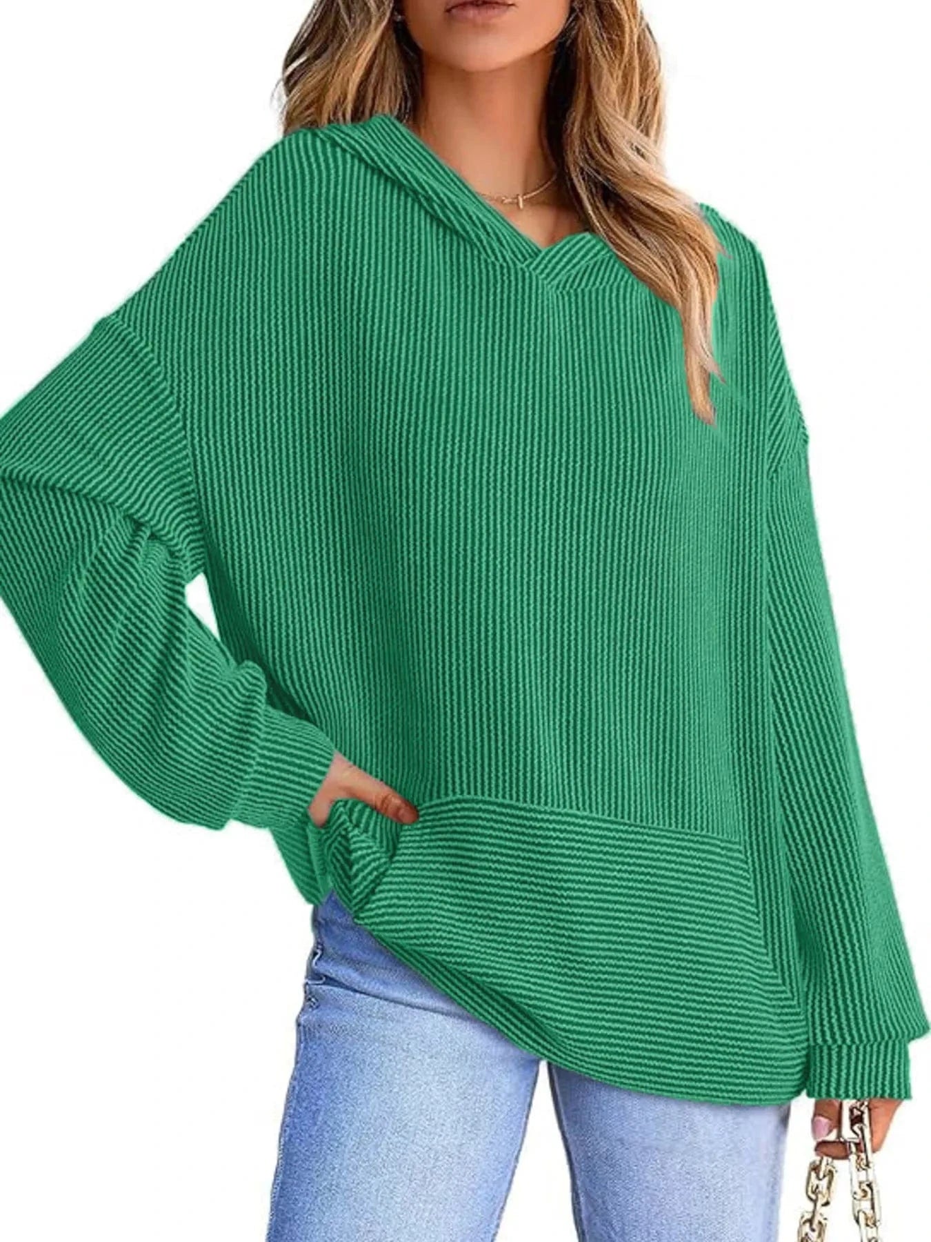 Ribbed Oversized Hoodie Sweatshirt with Pocket Green - Fashorio