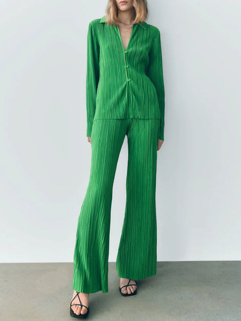 Fashorio Green / S Texture Long Sleeve Top and Pants Lounge Set