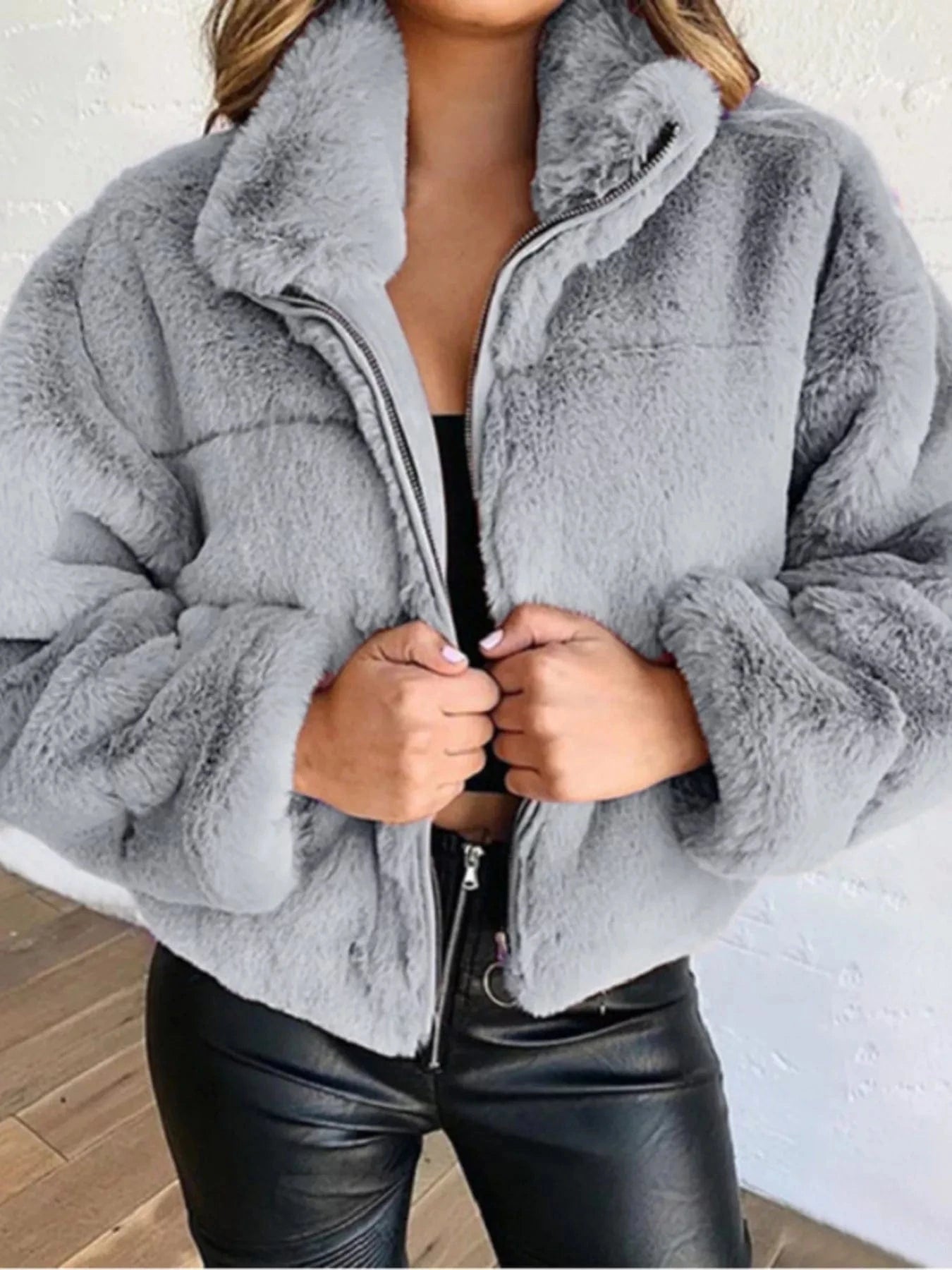 Full Size Faux Fur Cropped Zip-Up Jacket Plus Size Grey - Fashorio