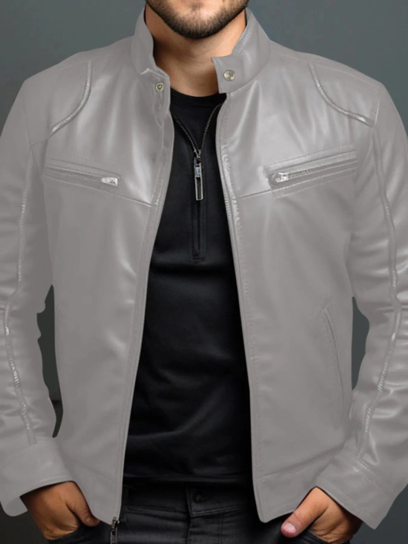 Men's Full Size Leather Motorcycle Jacket with Zipper Front Plus Size Grey - Fashorio