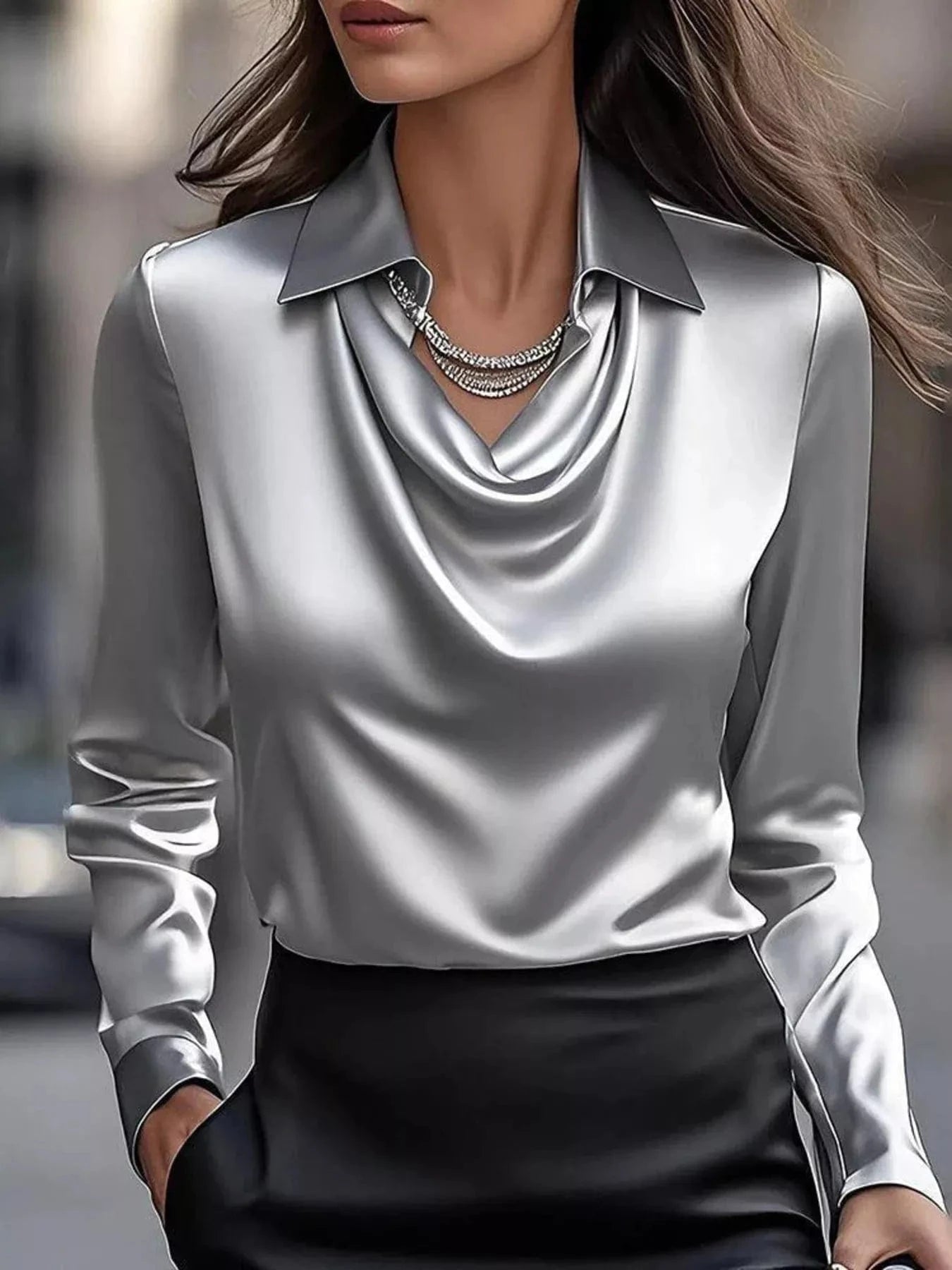 Ruched Long Sleeve Drape Collar Blouse Grey - Fashorio