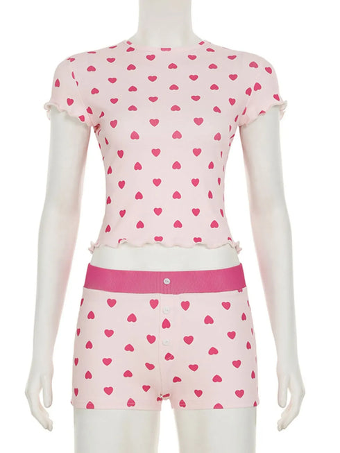 Fashorio Heart Print Top and Shorts Loungewear Set