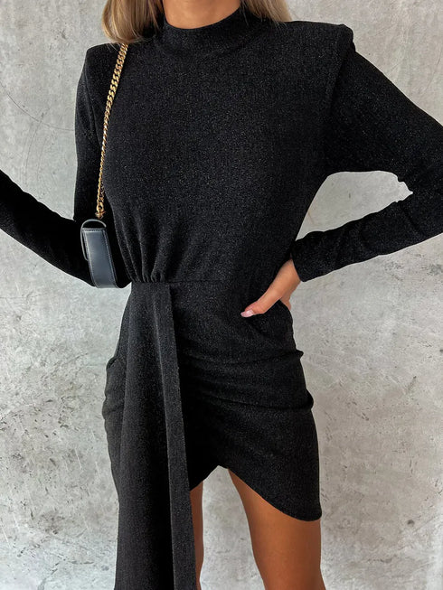 Fashorio Heathered Mock Neck Long Sleeve Mini Dress
