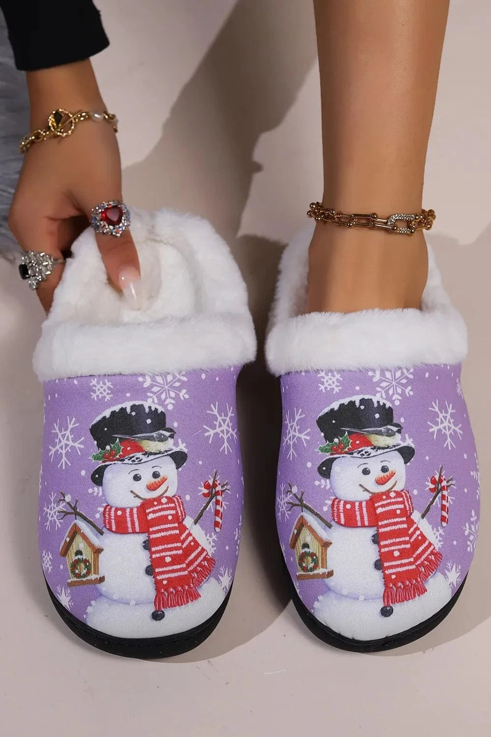 Snowman Round Toe Faux Fur Slippers Heliotrope Purple - Fashorio