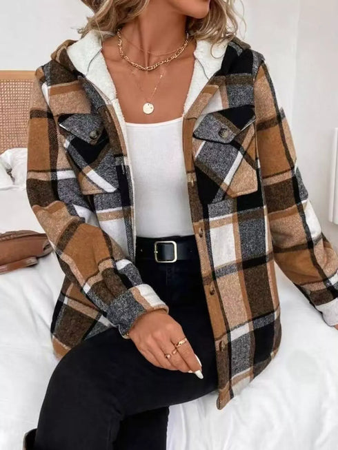 Fashorio Hooded Plaid Button Up Jacket