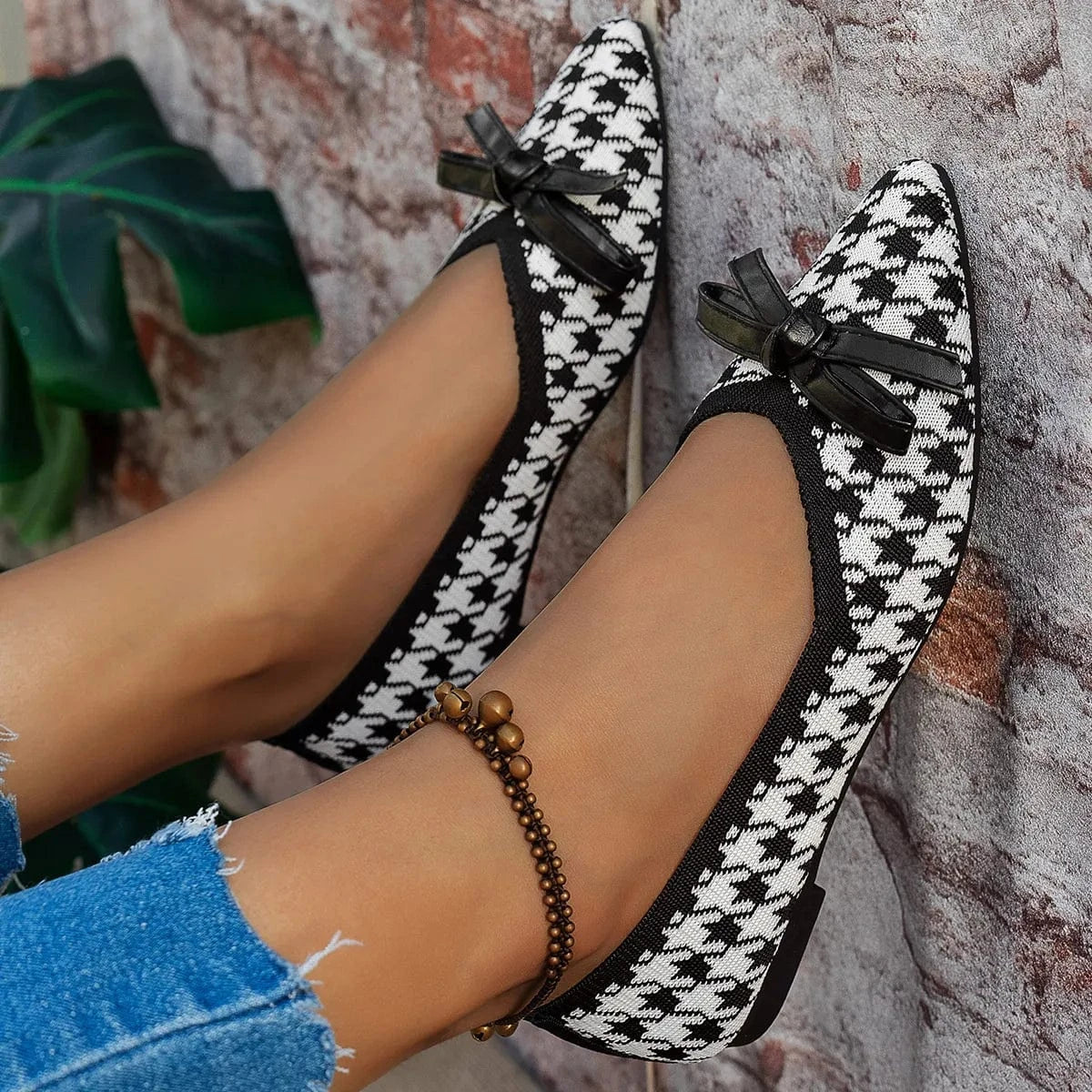 Houndstooth Point Toe Flats Slip-Ons - Fashorio