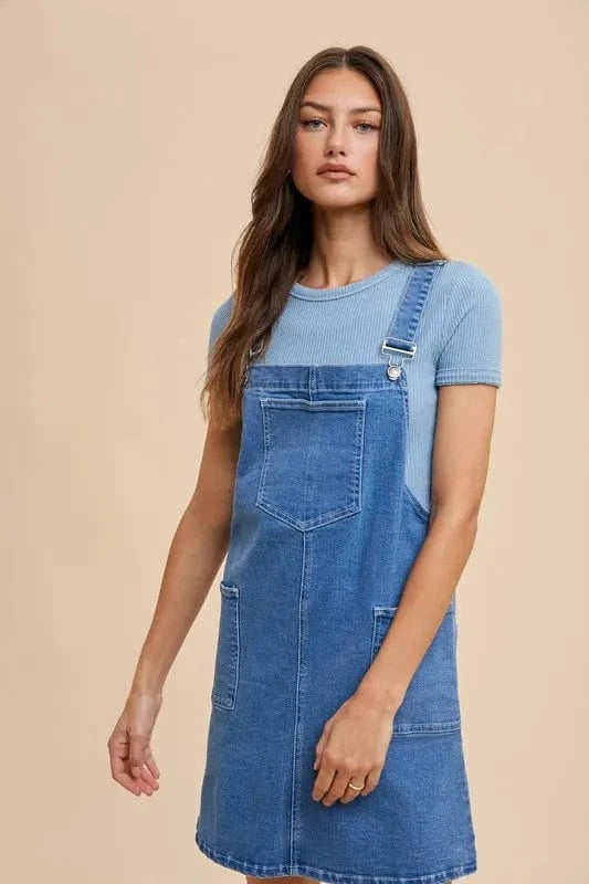 Annie Wear Wide Strap Denim Overall Dress with Pockets Indigo Washed Denim - Fashorio