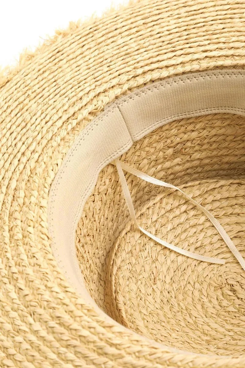 Fame Adjustable Strap Raw Hem Weave Hat - Fashorio
