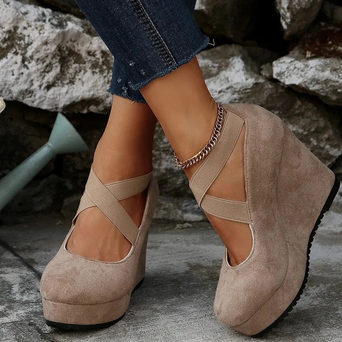 Crisscross Platform Wedge Pumps Ivory - Fashorio