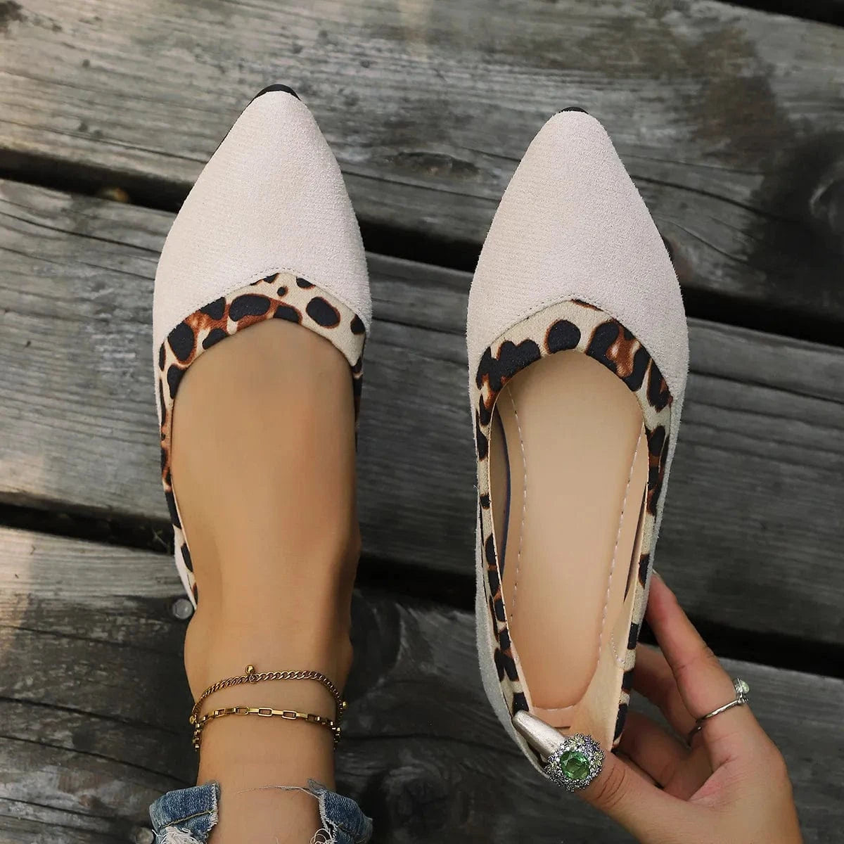 Leopard Pointed Toe Slip-Ons Ivory - Fashorio