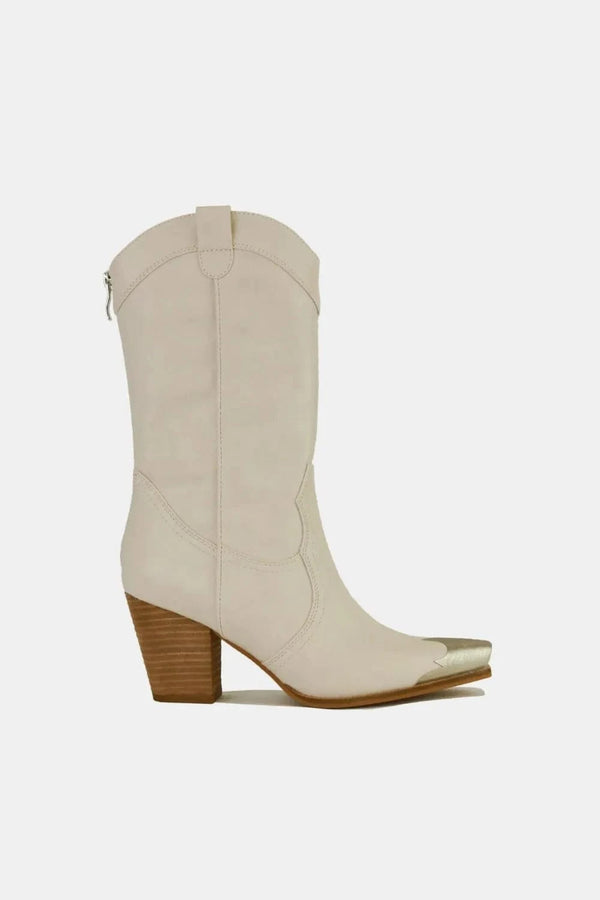 Beast Fashion Metal-Toe Block Heel Ankle Boots Ivory - Fashorio