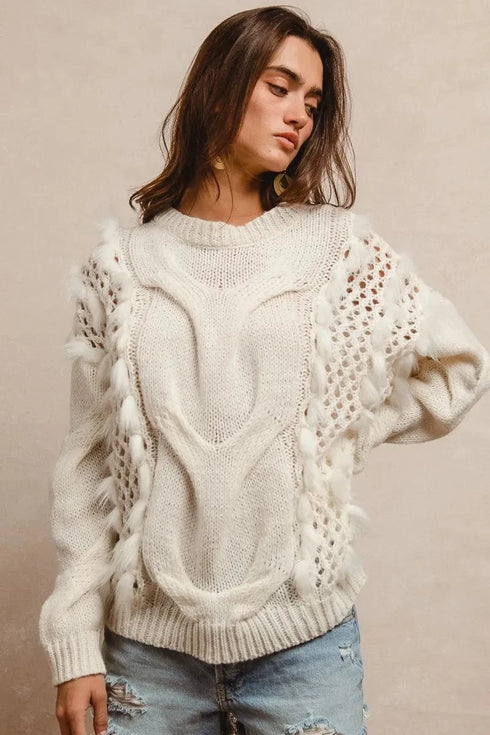 BiBi Faux Fur Detailed Pointelle Cable Knit Sweater IVORY - Fashorio
