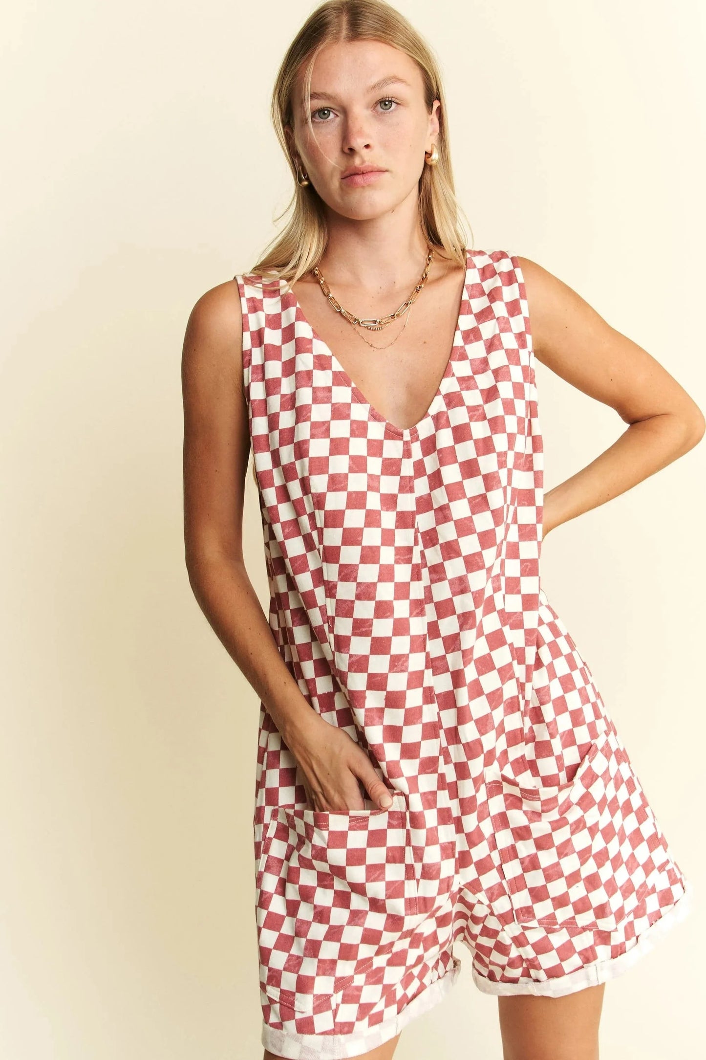 Jade By Jane Plus Size Back Tie Sleeveless Plaid Romper with Pockets - Fashorio