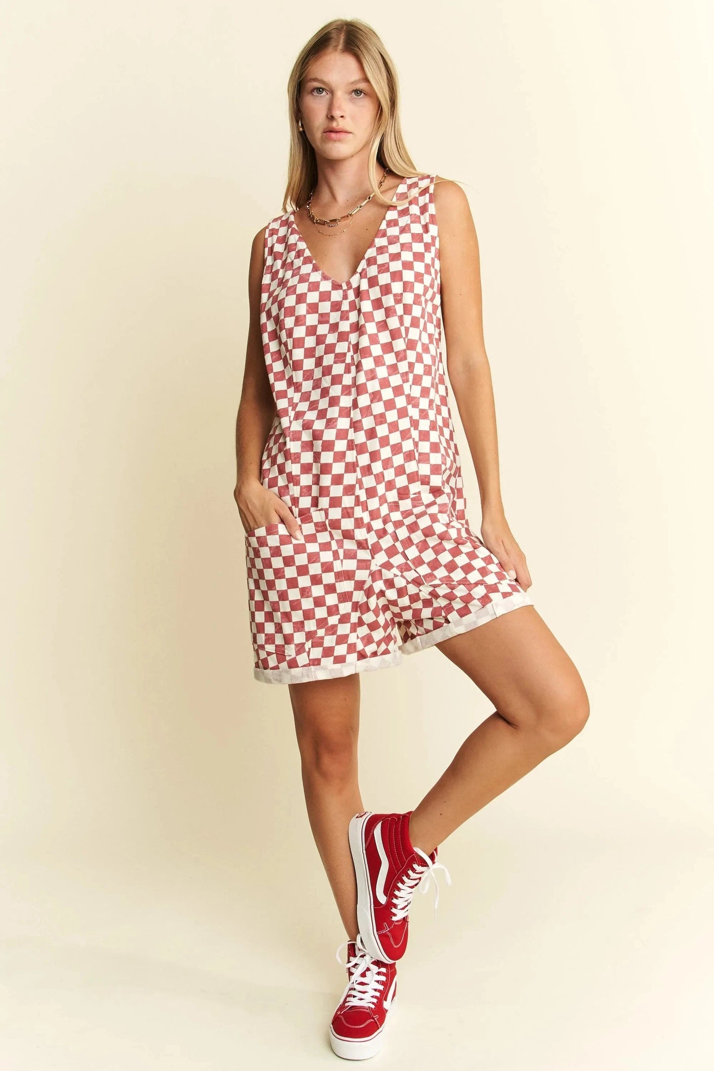 Jade By Jane Plus Size Back Tie Sleeveless Plaid Romper with Pockets - Fashorio