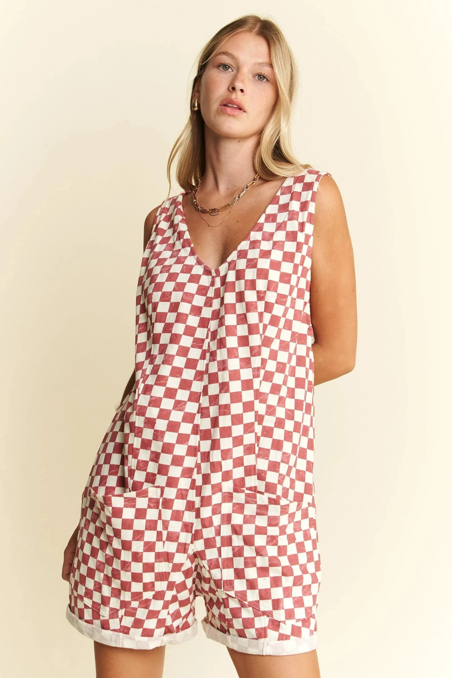 Jade By Jane Plus Size Back Tie Sleeveless Plaid Romper with Pockets - Fashorio