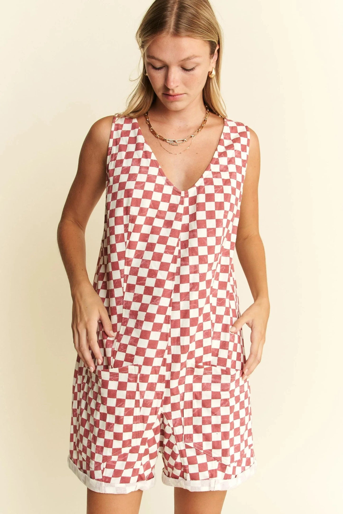 Jade By Jane Plus Size Back Tie Sleeveless Plaid Romper with Pockets - Fashorio