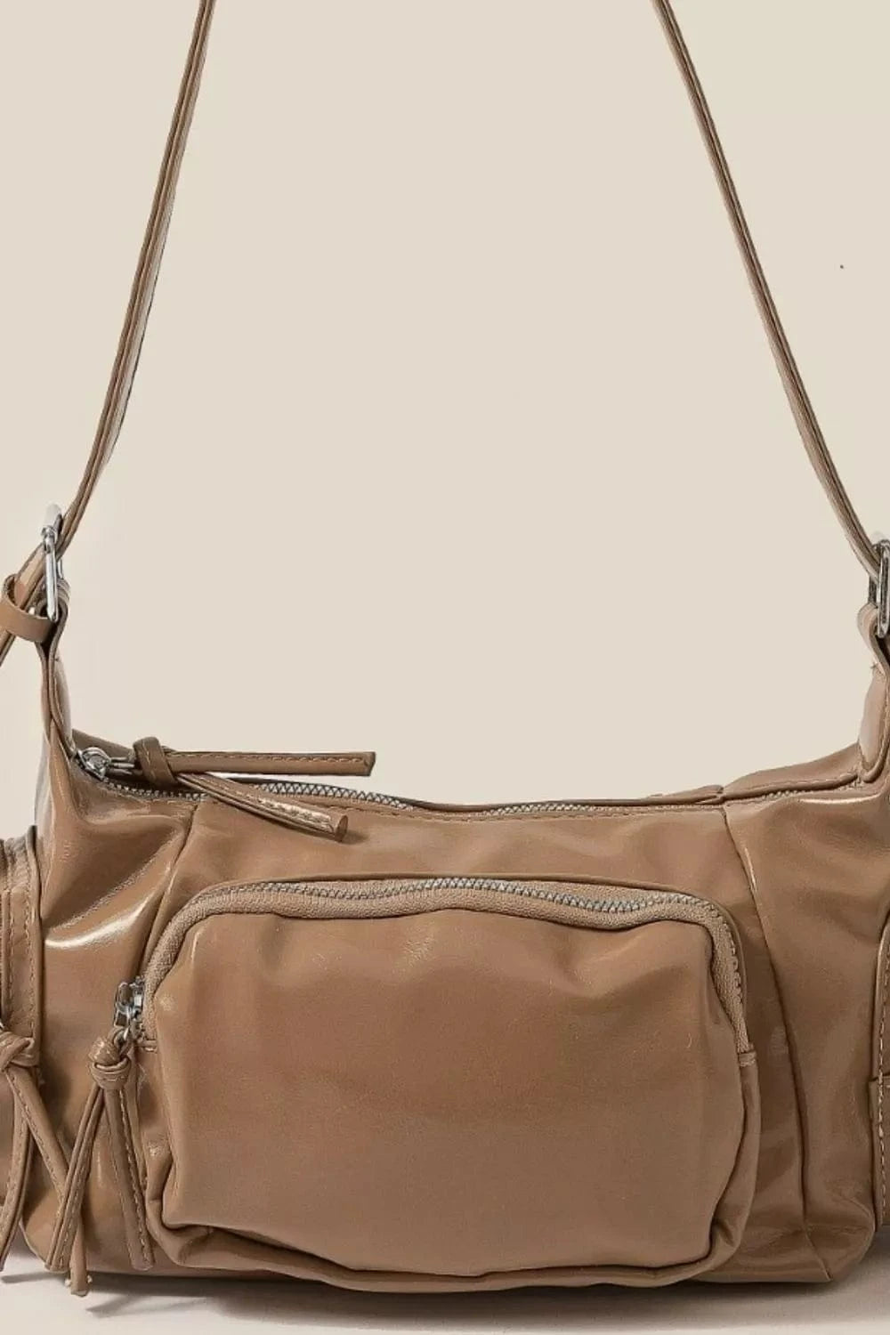 Fame Glossy Faux Leather Multi Pocket Hand Bag - Fashorio