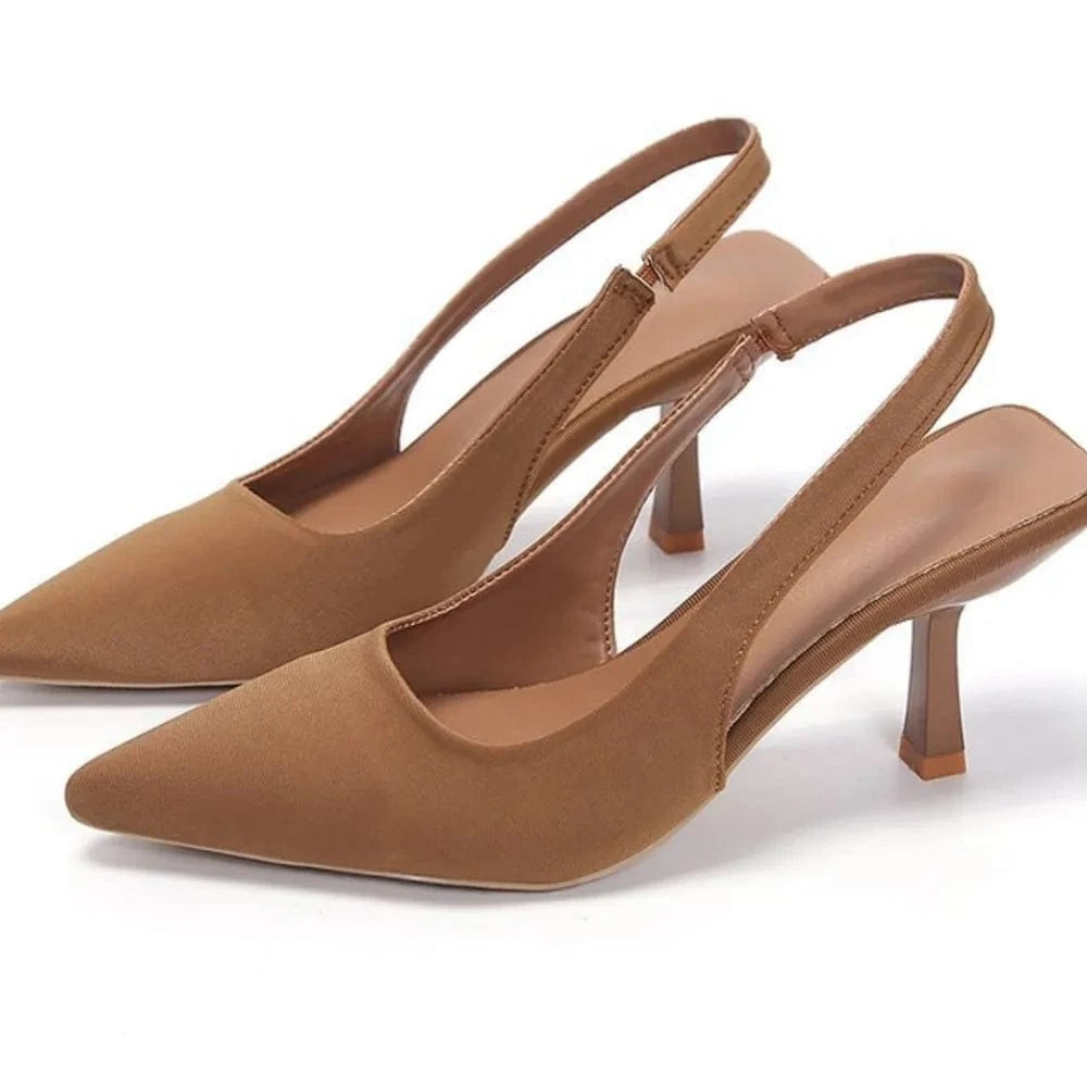 Point Toe Kitten Heel Slingback Pumps Khaki - Fashorio