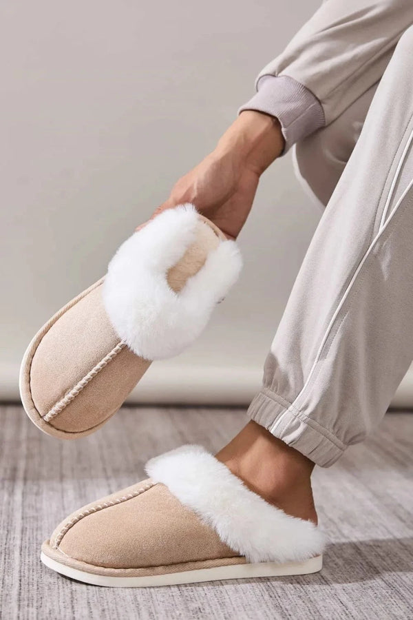 Faux Fur Round Toe Slippers Khaki - Fashorio
