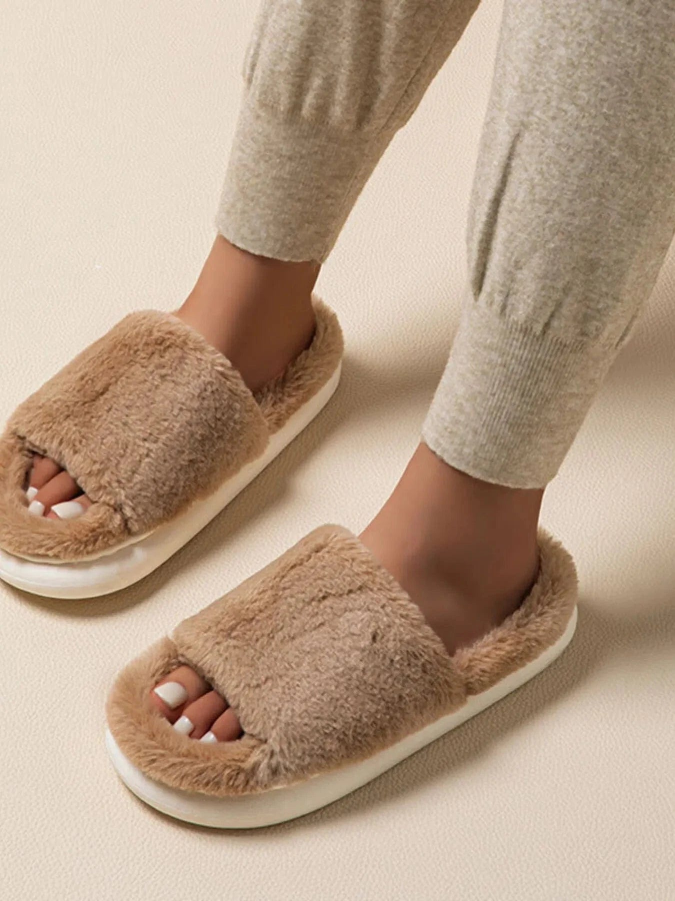Fluffy Open Toe Comfort Slippers Khaki - Fashorio