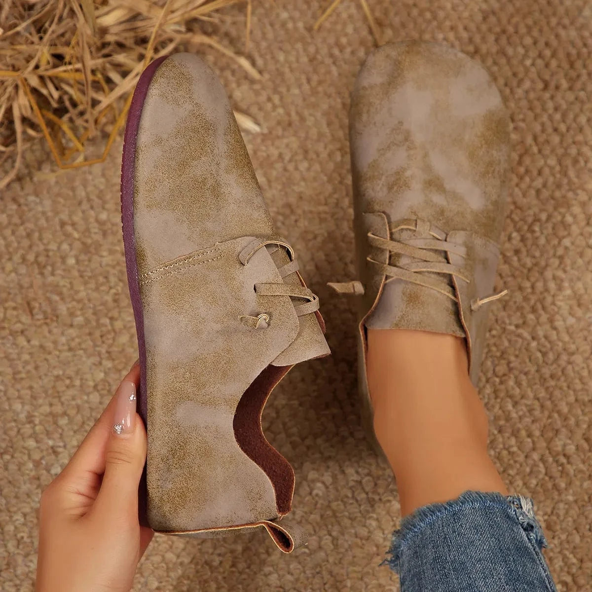 Lace-Up Flats Loafers Khaki - Fashorio