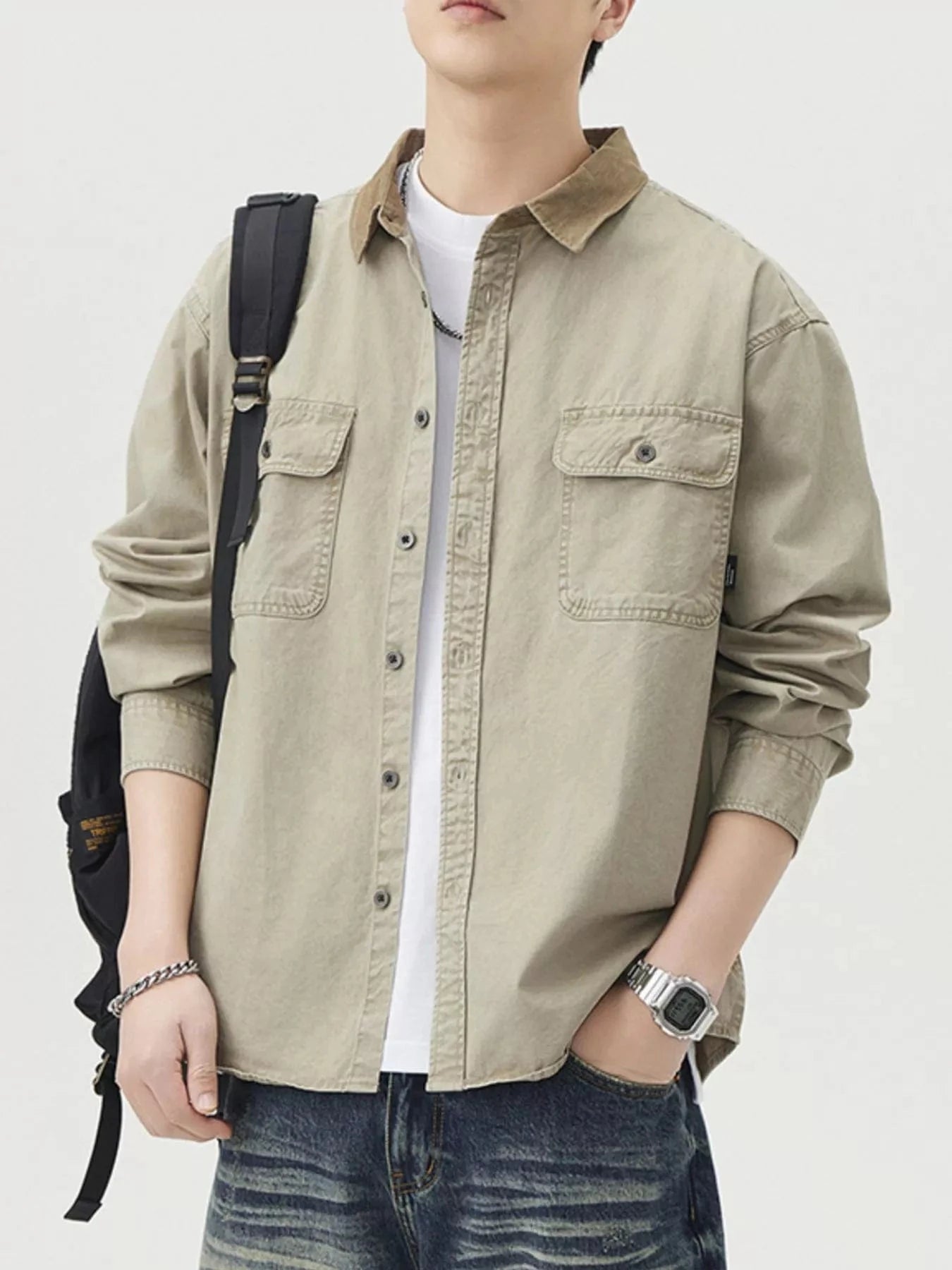 Men's Plus Size Button Up Shacket with Dual Chest Pockets Khaki - Fashorio