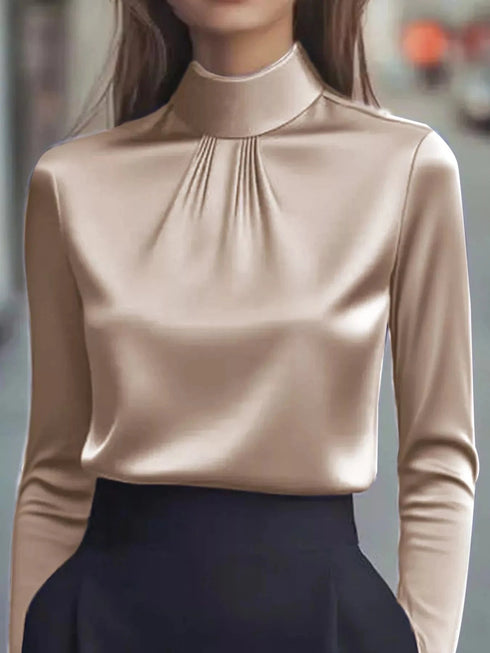 Mock Neck Long Sleeve Blouse with Pleated Detail Khaki - Fashorio
