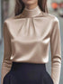 Mock Neck Long Sleeve Blouse with Pleated Detail Khaki - Fashorio